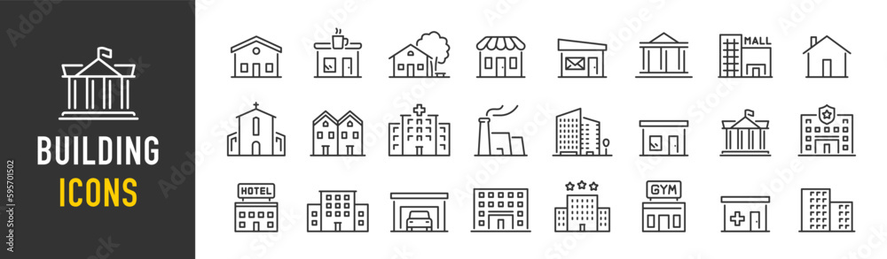 Building web icons in line style. Hotel, hospital, apartament, city, town house, mall, coffee, collection. Vector illustration. - obrazy, fototapety, plakaty 