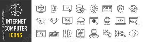 Internet computer web icons in line style. Cloud technology, data center, connection network, digital service, database platform, collection. Vector illustration.