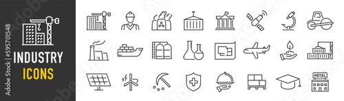 Industry web icons in line style. Mass production, manipulator, factories, mine, collection. Vector illustration.