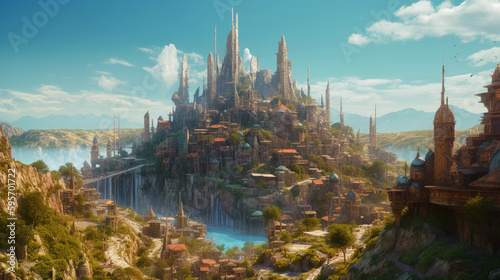 Beautiful Utopia Futuristic Metropolis 3D Art Illustration.  Waterfalls  mountains  vegetation  Sci-Fi City Conceptual Background.  AI Generated 