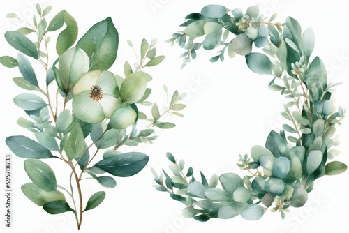 Watercolor eucalyptus   jasmine wreath. Perfect for wedding invites  greeting cards   stationery. Greenery clipart on white. Generative AI