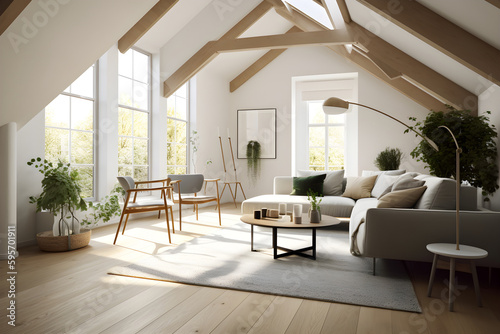 Big and comfortable living room in big house, white beige scandinavian design of indoor interior. Cozy atmosphere at home. Generative AI © Aliaksandra