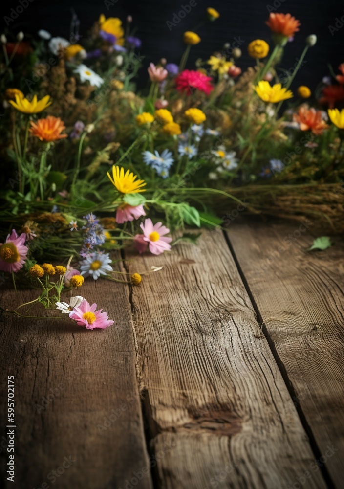 Wildflowers and wooden table background. AI generative