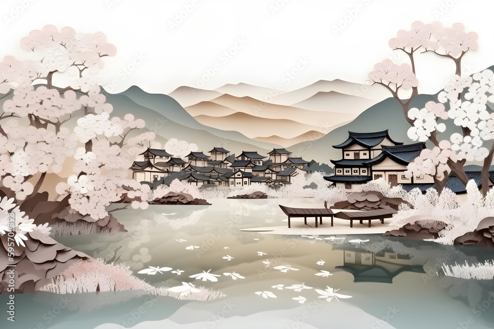 Paper cut art design. Japanese nature landscape, trees at the lake on mountains background made in origami design and paper layers. Generative AI