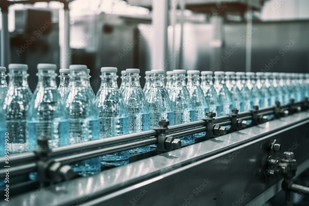 Water bottling line for processing spring water into bottles with selective focus. Generative AI