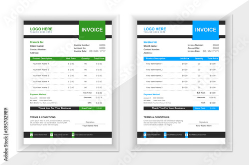 Modern and professional business invoice design in attractive variation of blue and green colors.