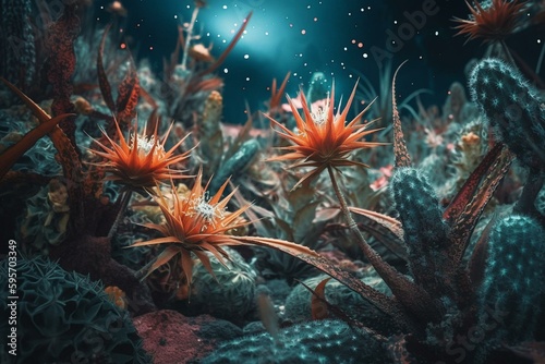 Exotic flora thriving on extraterrestrial terrain. Generative AI © Anika