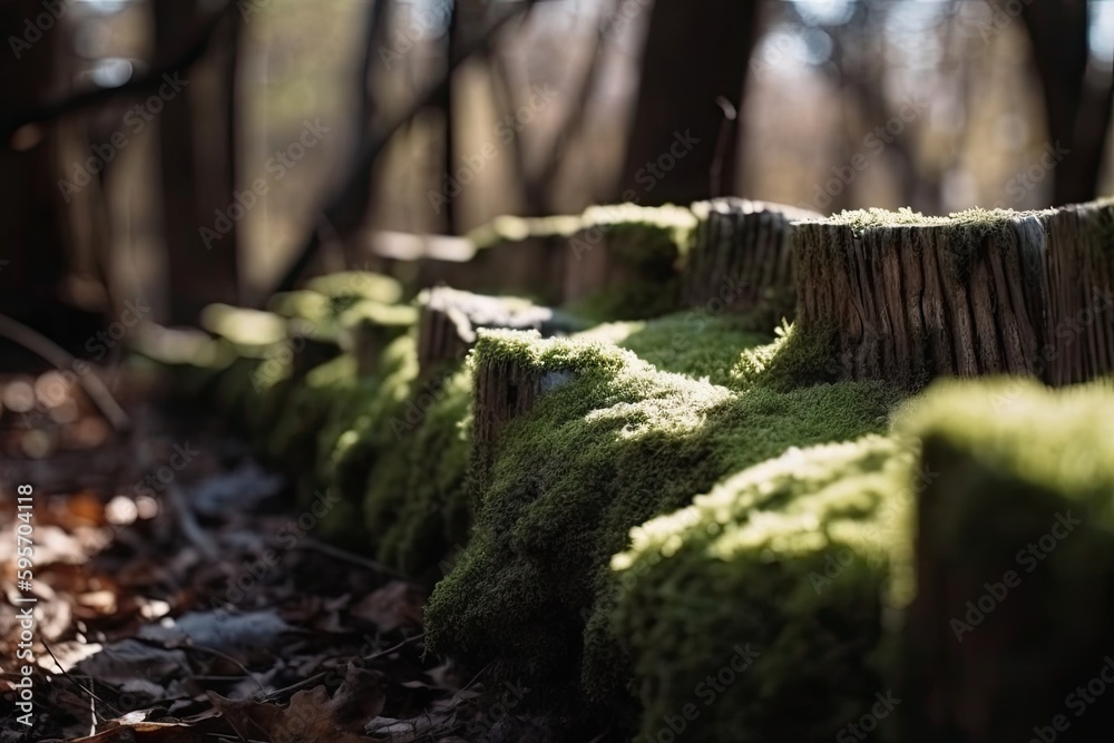 moss-covered tree stump in a forest. Generative AI moss-covered tree stump in a forest. Generative AI