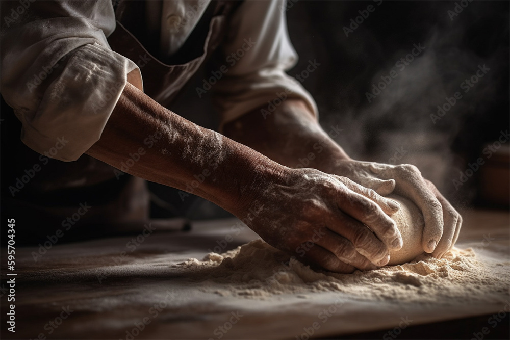close-up of the cook's hand kneading the dough on the table in the kitchen. Generative AI
