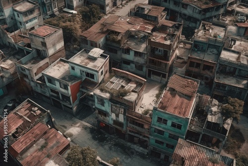 Aerial view of deserted city with dilapidated buildings and eerie emptiness. Generative AI