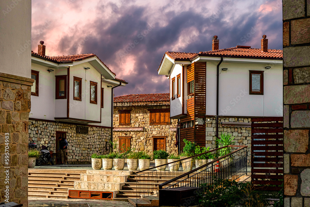 Fototapeta premium View of the old ancient house in Side. Antalya is popular tourist destination in Turkey. Cafe, restaurant, shop and houses.