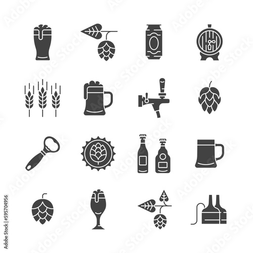 Beer glyph icon set. Vector collection symbol with mug of beer, hop cone, barley ear,  barrel, opener, bottle, rye. Editable stroke.