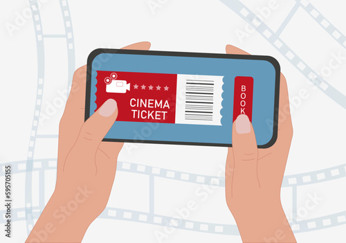 Movie tickets in phone. Coupon for cinema visits, recreation and entertainment. Electronic commerce and online document. Order in mobile application. Cartoon flat vector illustration