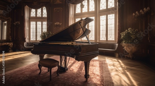 Grand piano in a luxury baroque hotel suite interior. Generative AI illustration.
