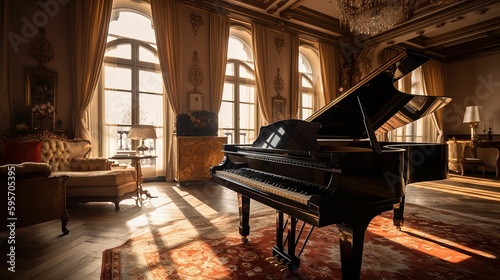 Grand piano in a luxury baroque hotel suite interior. Generative AI illustration.