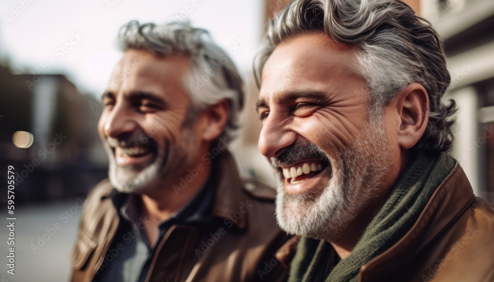 Fototapeta premium Middle-aged men friends laugh. Generative AI