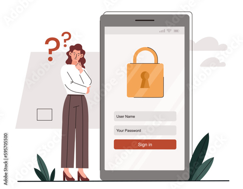 Woman with password concept. Young girl enters profile on smartphone. Authorization and verification. Security of personal data on Internet. Character forgot username. Cartoon flat vector illustration