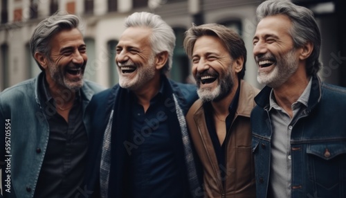 Middle-aged men friends laugh. Generative AI