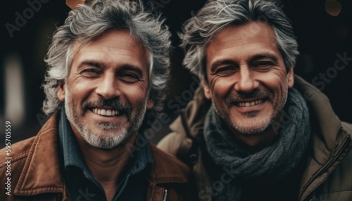 Middle-aged men friends laugh. Generative AI