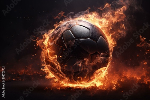 A 3D soccer ball on fire in movement. Generative AI