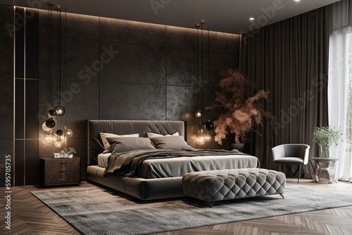 Billede på lærred Modern 3D-rendered luxury master bedroom with area rug
