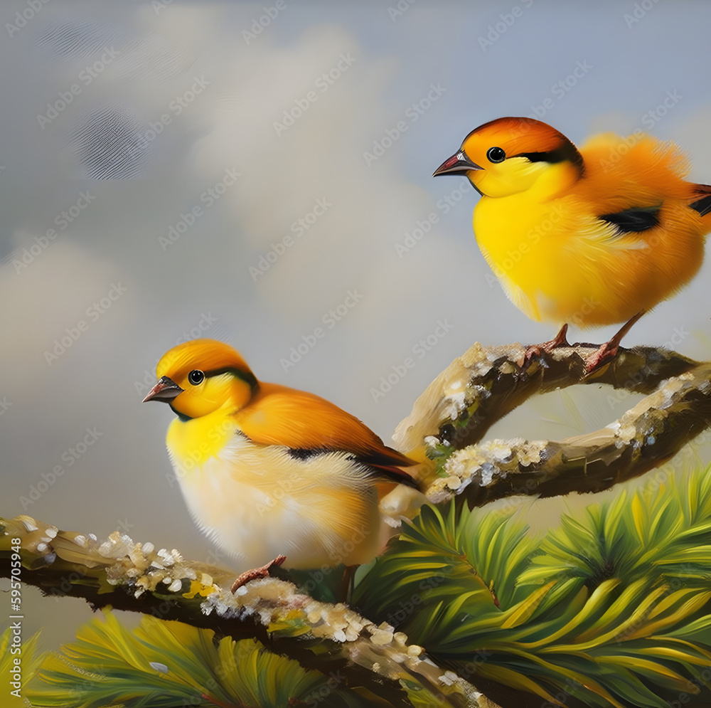 Two birds perched on a branch. Generative Ai
