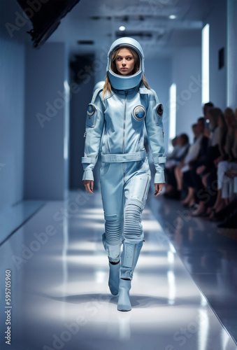 Space suit fashion, blue, woman model on catwalk futuristic show event. Generative AI