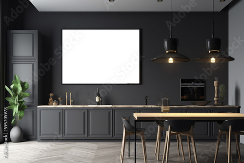 Mockup frame in elegant modern kitchen interior design front view, black furniture, counter table and chairs. Generative AI
