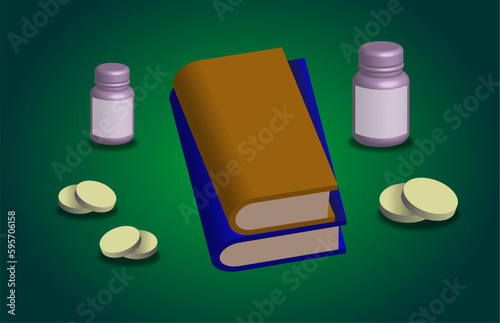 3D Books with pills and medicine bottles.  Concept of studies and self-medication
