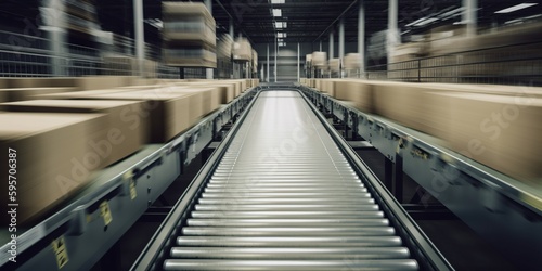 A conveyor belt transporting packages at high speed, contrasted against a bustling, automated warehouse backdrop, concept of Logistics automation, created with Generative AI technology