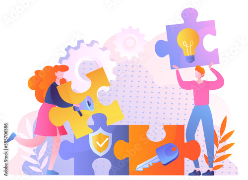 Team solve problem. Man and woman with puzzles. Teamwork and partnership, colleagues. Cooperation and collaboration. Idea, marketing and security. Cartoon flat vector illustration