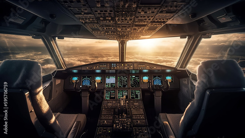 Foto Cockpit of airplane inside view, flight deck of modern aircraft, autopilot, gene
