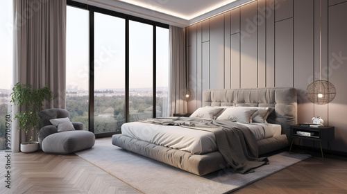 Luxury bedroom interior with panoramic window in city apartment, generative AI.