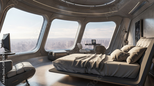 Luxury bedroom interior in futuristic city apartment, generative AI