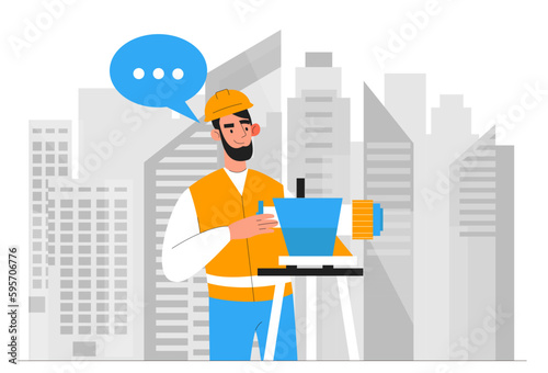 Concept of surveyor. Man in uniform and protective helmet stands against backdrop of buildings and skyscrapers. Construction and engineering. Engineer with tripod. Cartoon flat vector illustration
