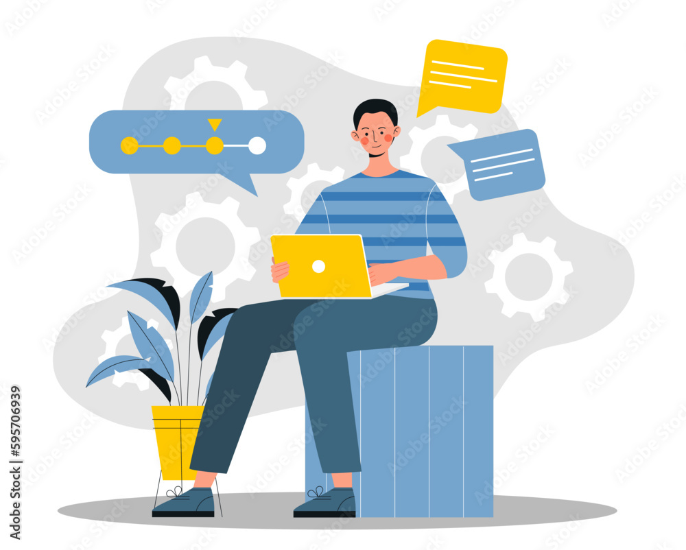Step by step filling concept. Man with laptop logs in to website and adds information about himself, fills out profile or account. Registration on Internet. Cartoon flat vector illustration Step by step filling concept. Man with laptop logs in to website and adds information about himself, fills out profile or account. Registration on Internet. Cartoon flat vector illustration