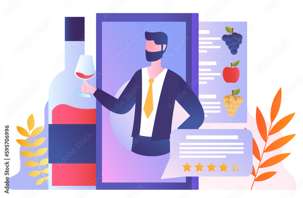 Sommelier online service. Man with glass of wine on smartphone screen. Specialist evaluates alcoholic beverages. Wine degustation and scanner on Internet. Cartoon flat vector illustration