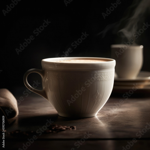 An elegant porcelain cup filled with frothy steamed milk, captured in a stunningly cinematic shot that showcases the velvety texture of the milk and the precision of the barista's technique.