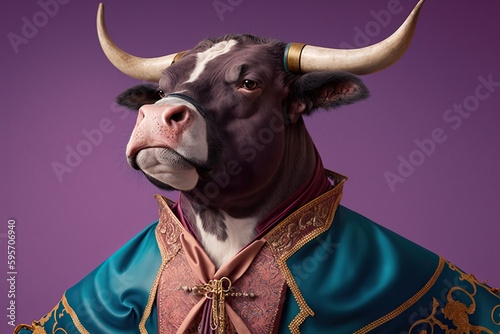 sad bull wearing matador clothes created with Generative AI technology photo