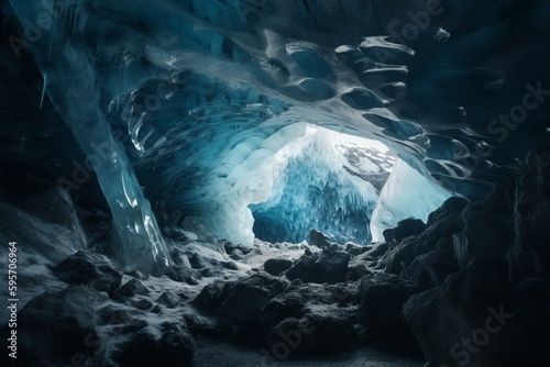 Winter-inspired blue ice cave artistry. Generative AI