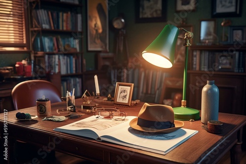 Flat colored toon-style detective workspace including a gun, lamp, and an open book in 3D render. Generative AI