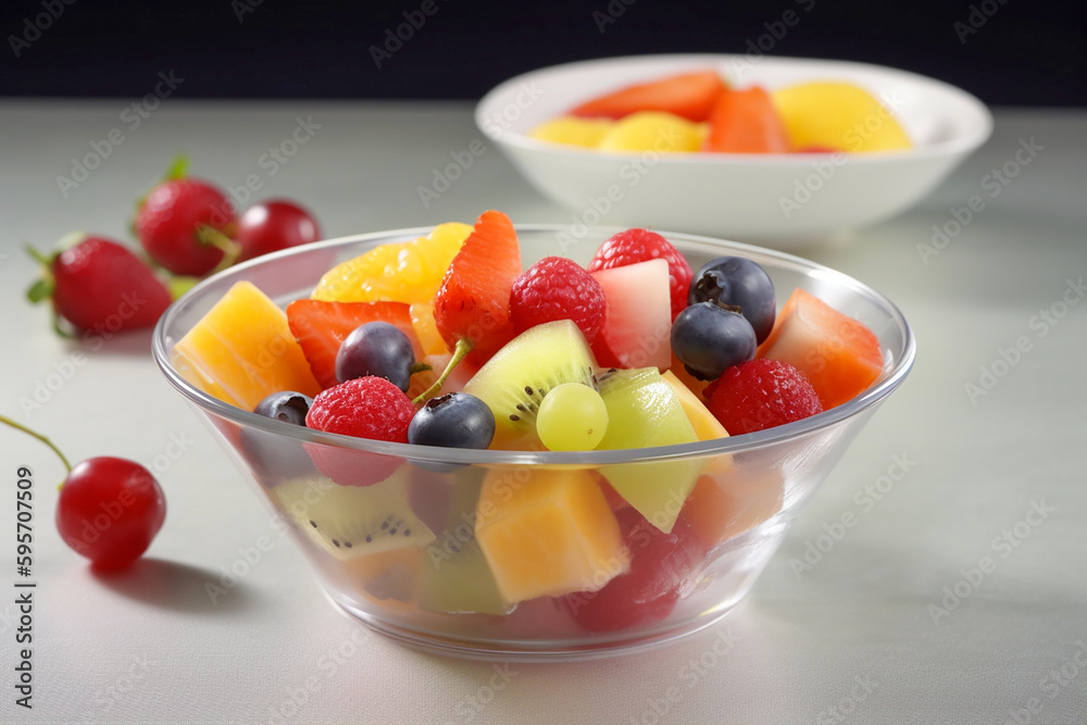 Fruit salad served in a transparent bowl on a table. Generative AI Fruit salad served in a transparent bowl on a table. Generative AI