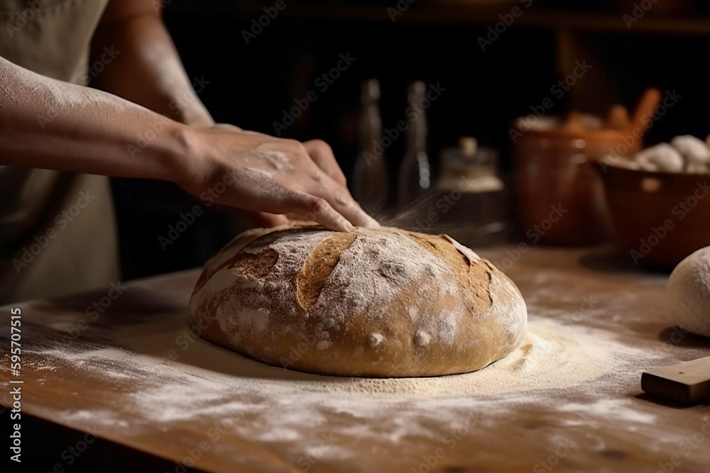 Making homemade bread, baker's hands closeup. Generative AI