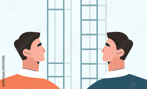 Concept of inequality. Men stand in front of different stairs. Career ambitions and opportunities, discrimination. Two businessmen standing near corporate ladders. Cartoon flat vector illustration