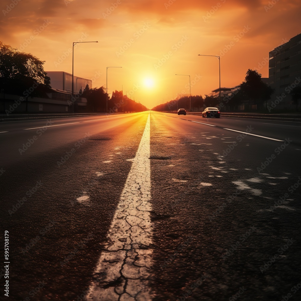 road in the middle of asphalt road at sunset.Concept of planning and challenge or career path,business strategy,opportunity and change. generative ai