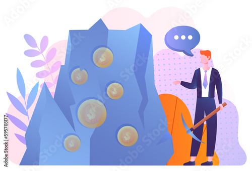 Gold underground stone. Man with pick standing near large piece of land with golden coins inside. Metaphor of crypto farm, mining bitcoin and cryptocurrency. Cartoon flat vector illustration