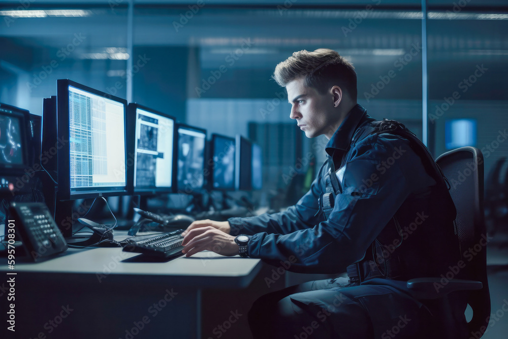 Young policeman entering personal data of suspect into computer database while sitting in front of monitors in office, high quality generative ai