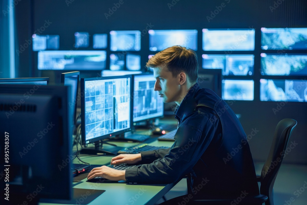Young policeman entering personal data of suspect into computer database while sitting in front of monitors in office, high quality generative ai Young policeman entering personal data of suspect into computer database while sitting in front of monitors in office, high quality generative ai