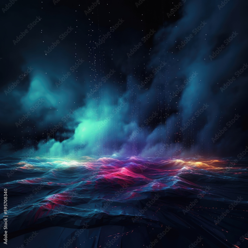 Abstract Neon Lines Cutting Through Nighttime Clouds - High-Tech Digital Design for Wallpaper, Backgrounds, and Banners. Futuristic Artistic Vision of Technology and Progress.