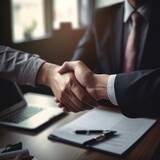 Business handshake for successful business merger and acquisition teamwork, hand shake, two businessmen shake hands with partner to celebrate partnership and business deal concept. generative ai